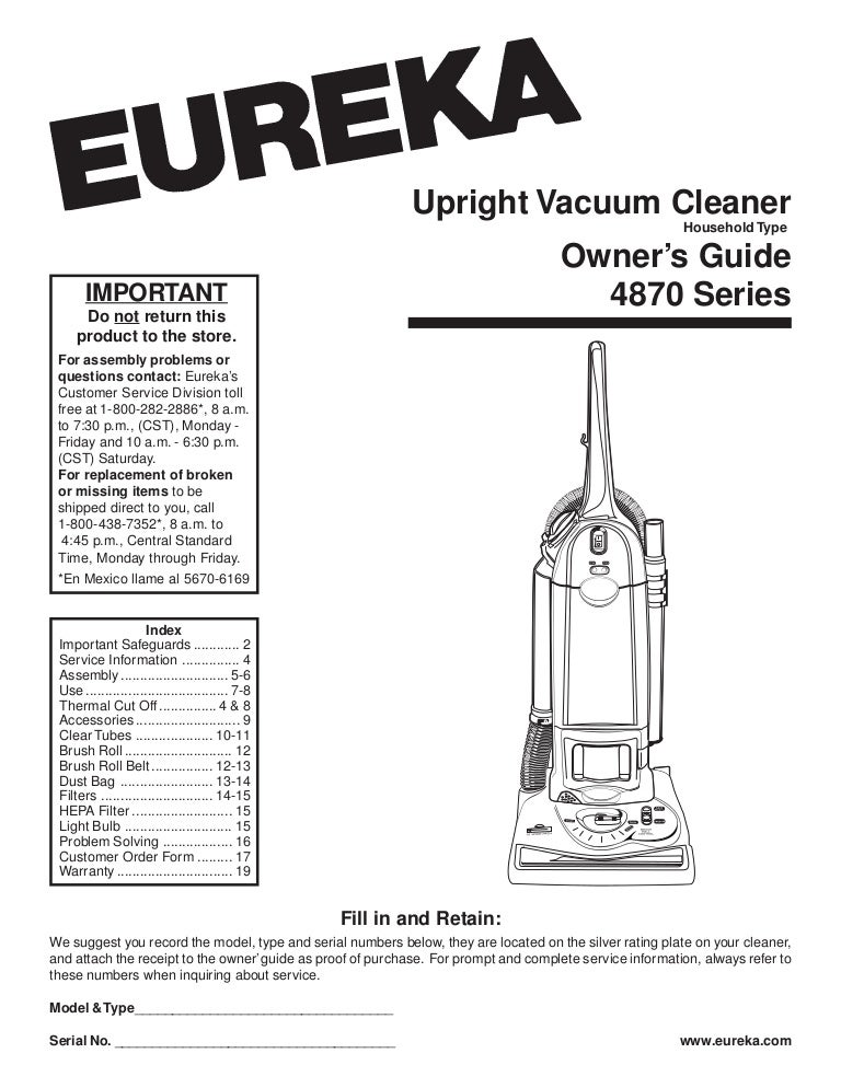 Eureka Upright Vacuum Cleaner Owner's Guide 4870 Series