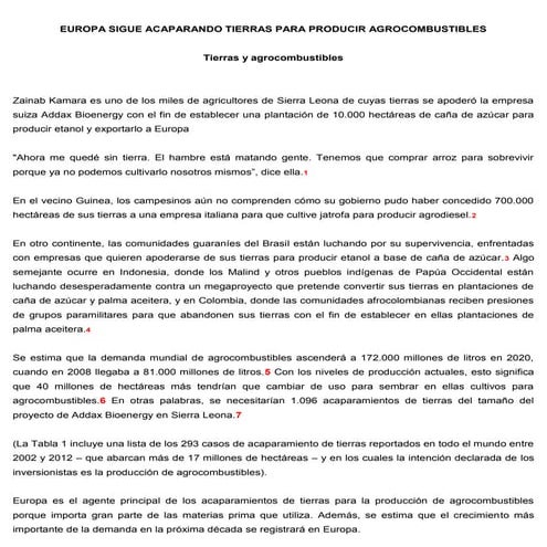 Europa sigue acaparando tierras para producir agrocombustibles