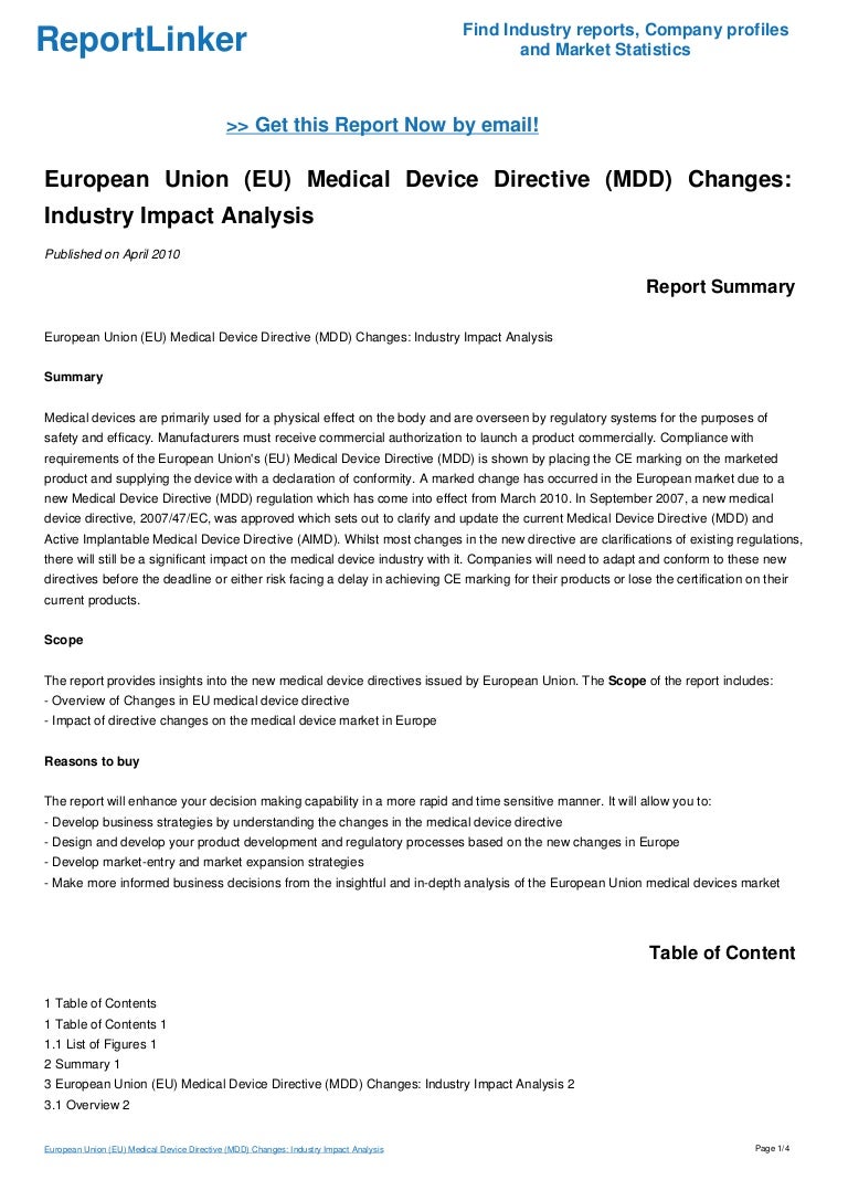 European Union (EU) Medical Device Directive (MDD) Changes Industry