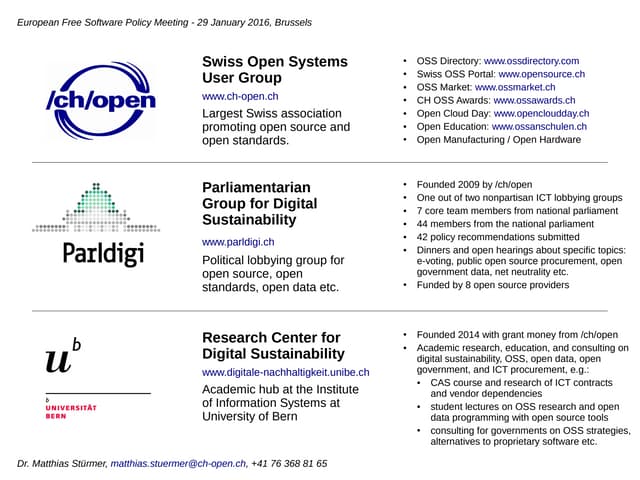 Presenting /ch/open, Parldigi and RCDS at first European Software Freedom Pol...