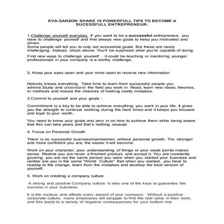 EVA GARZON SHARE 10 POWERFULL TIPS TO BECOME A SUCESSFULL ENTREPRENEUR