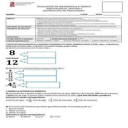 Evaluación 6° Fracciones y ejercicios  .