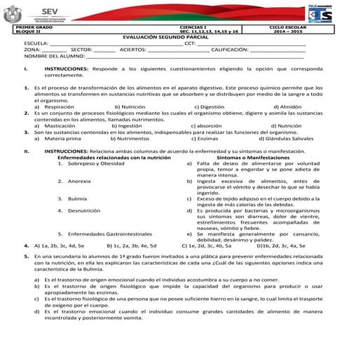 Evaluación de Ciencia I (Bloque II) Primer Grado