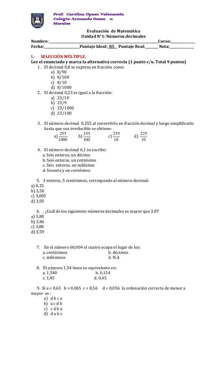 Evaluación de matemática decimales 5°