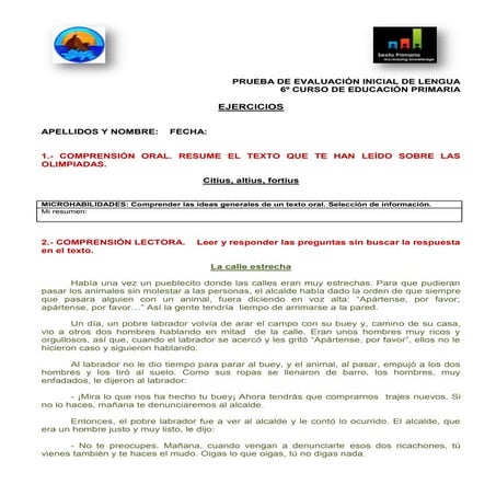 Evaluación inicial lengua sexto