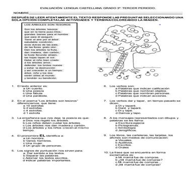 Evaluación lengua castellana grado 3º tercerperiodo