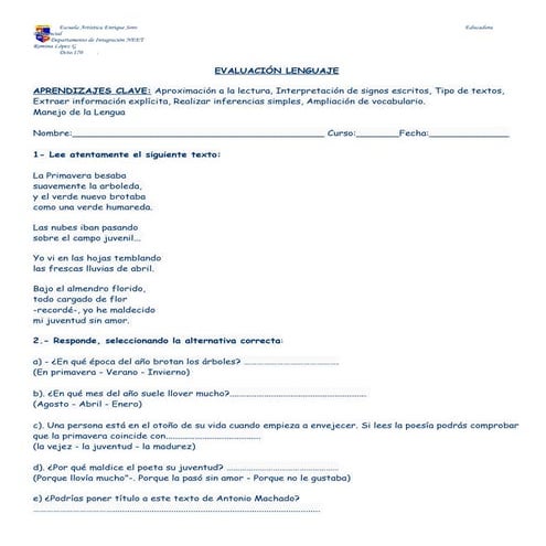Evaluación lenguaje 3º poema