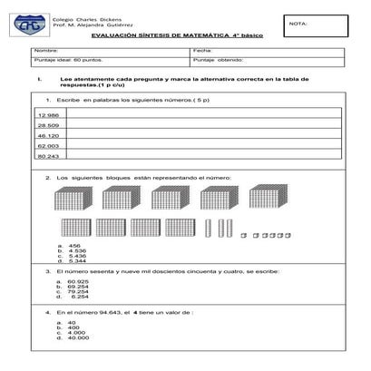 Evaluación síntesis matemática 4°