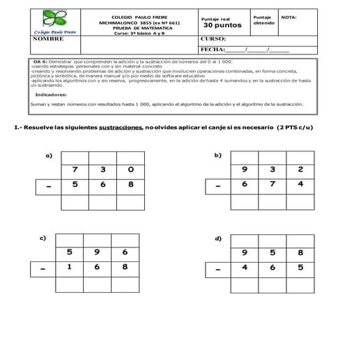 Evaluación suma y resta con reserva
