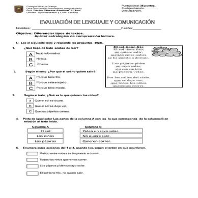 Evaluación tipos de textos segundo año