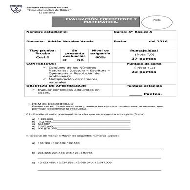 Evaluacion  5° 2016 prueba coeficiente 2