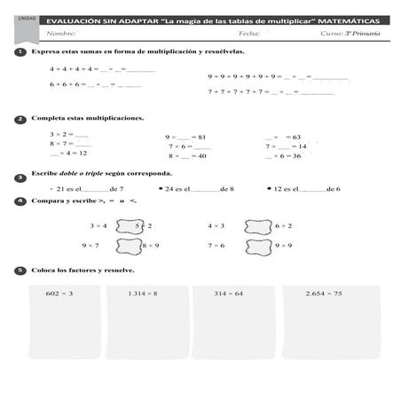Evaluacion adaptada "La magia de las tablas de multiplicar"