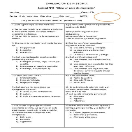 Evaluacion de historia mestizos.