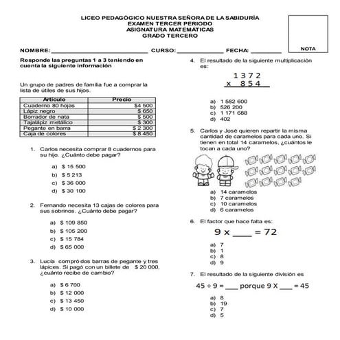 Evaluacion de matematicas 3 periodo