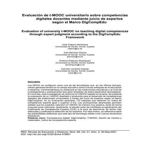 Evaluación de t-MOOC universitario sobre competencias digitales docentes medi...