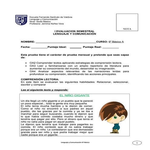 Evaluacion en linea mayo lenguaje 6°