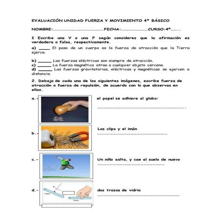 Evaluacion fuerza y movimiento 4°