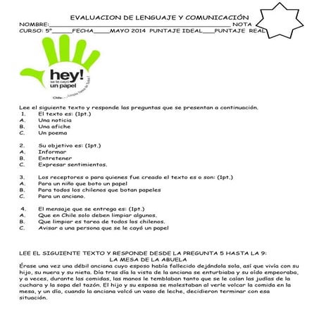 Evaluacion  mayo lenguaje 2014