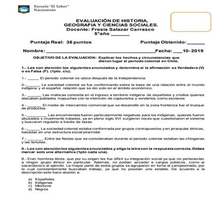 Evaluación  Quinto octubre historia