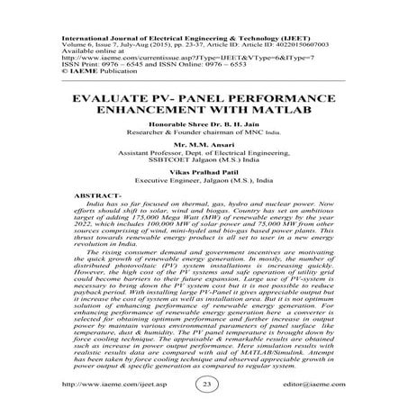 Evaluate pv panel performanc enhancement with matlab | PDF