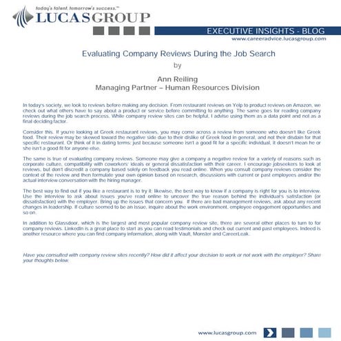 Evaluating Company Reviews During the Job Search