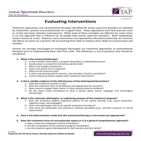 TAP Tip Sheet - Evaluating Autism Interventions