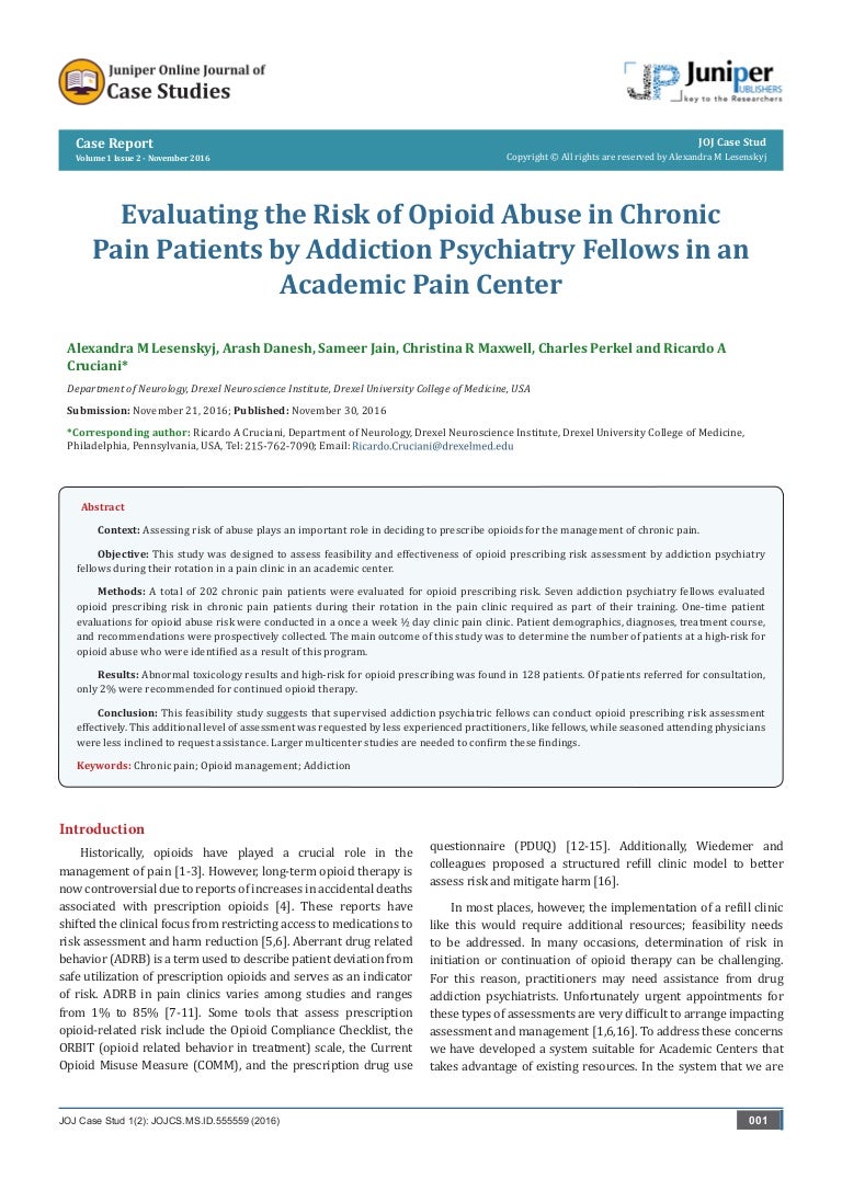 Evaluating The Risk Of Opioid Abuse In Chronic Pain Patients