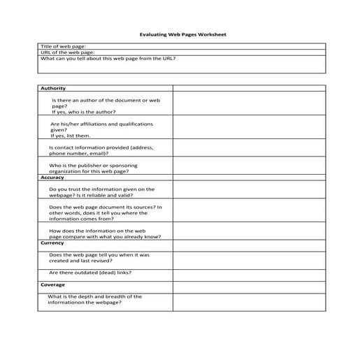Evaluating Web Pages Worksheet