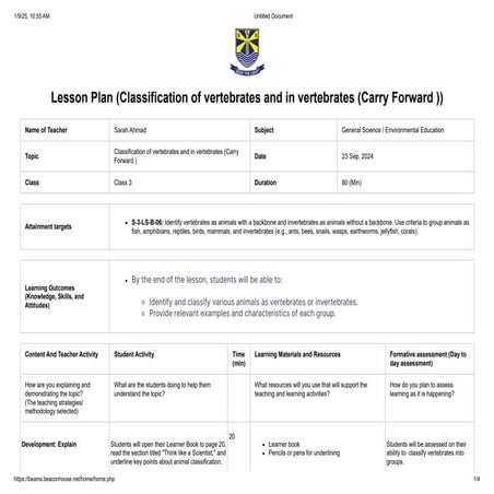 Lesson plan on classification of animals | DOC