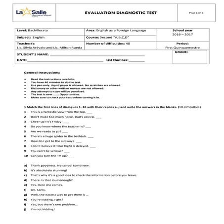 Evaluation diagnostic test second bgu EVALUATION DIAGNOSTIC TEST  Second BGU