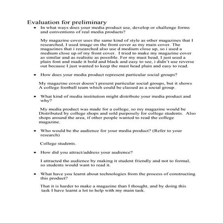 Evaluation for preliminary