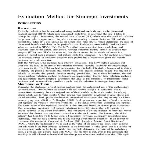 Evaluation method for strategic investments