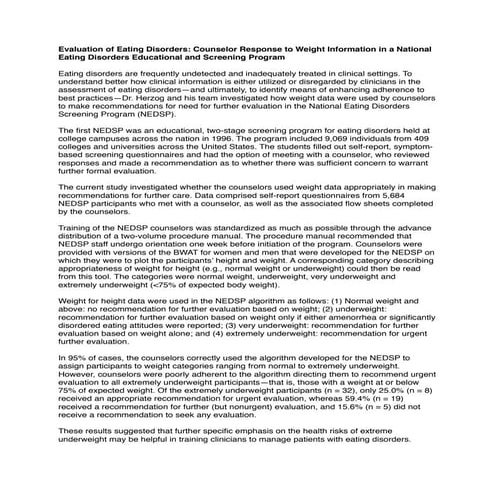 Evaluation of Eating Disorders