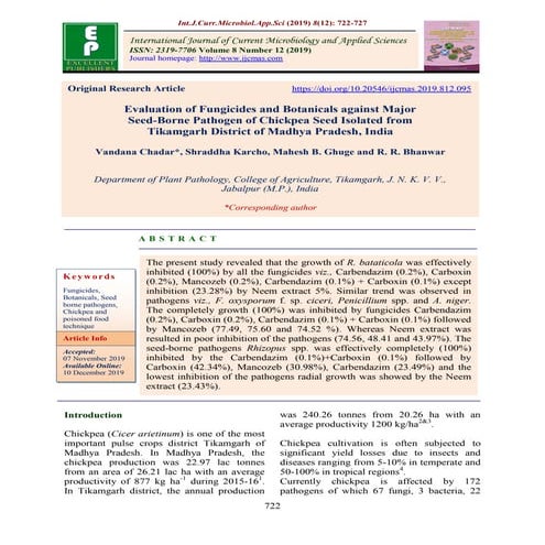 Evaluation of fungicide and botanicals against major seed borne pathogen of chickpea isolated from tikamgarh, mp, india
