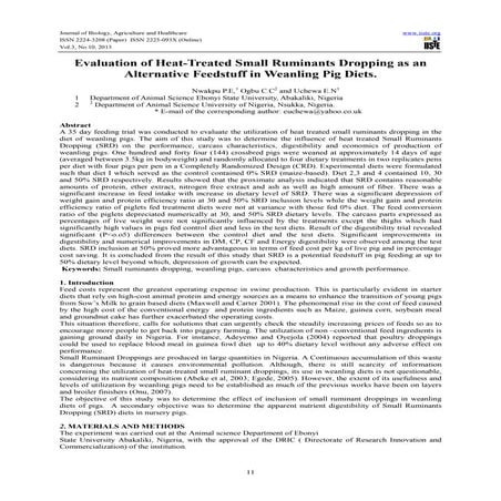 Evaluation of heat treated small ruminants dropping as an alternative feedstu...