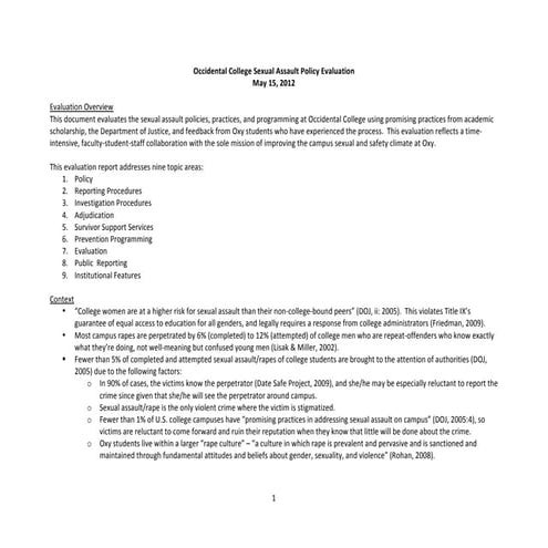 87-Point Matrix Evaluation of Occidental College Sexual Assault Practices