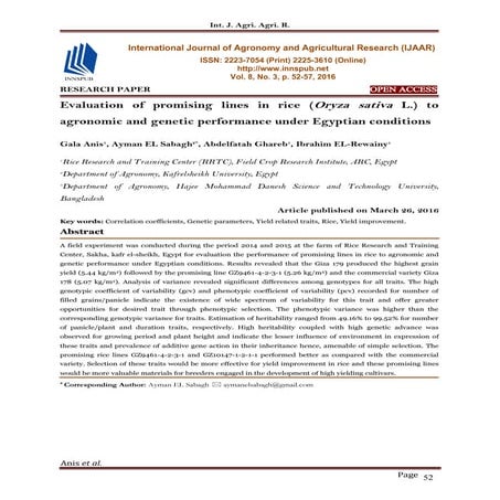 Evaluation of promising lines in rice ( O r y z a s a t i v a L.) to agronomi...