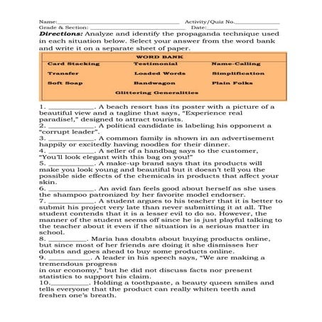 Evaluation Propaganda formative test quiz