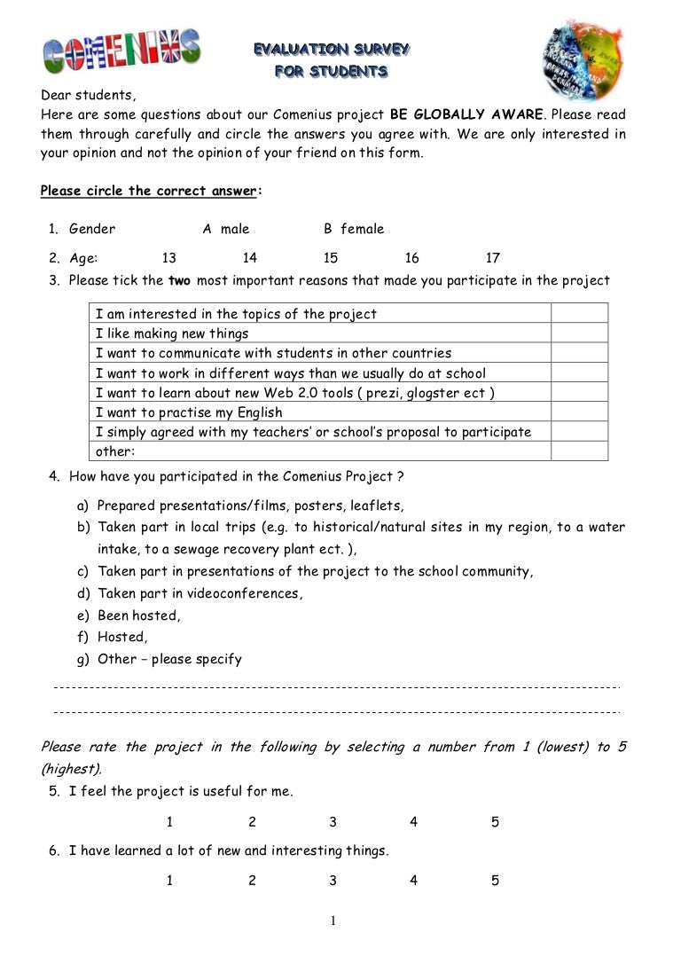 Comenius Evaluation survey for students Be Globally Aware