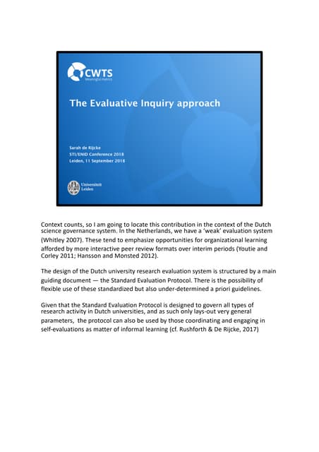 The Evaluative inquiry Approach, Sarah de Rijcke + SES group, 2018