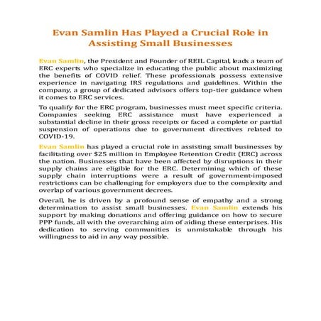 Evan Samlin Facilitated a Significant Amount in Support of Small ...
