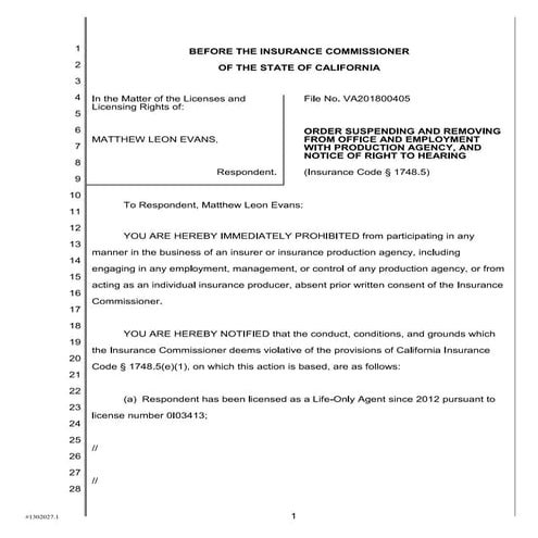 Department of Insurance order suspending Matthew Evans, 2022.pdf