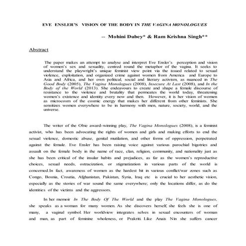            EVE  ENSLER’S   VISION OF THE BODY IN THE VAGINA MONOLOGUES