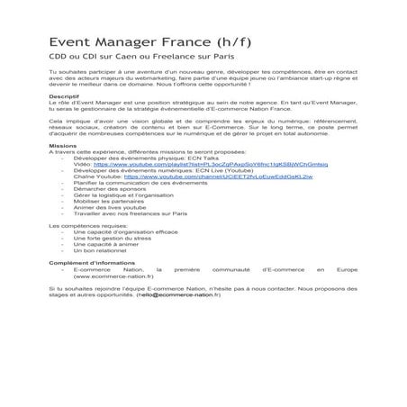 Event manager france (hf)   cdd-cdi - e-commerce nation