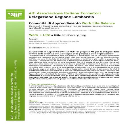 Work Life Balance Conciliazione - 25 Marzo 2013 Milano, con Enzo Spaltro e Laura Colombo per AIF Lombardia