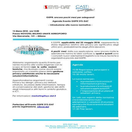 Evento GDPR SYS-DAT 15 marzo 2018 novotel milano linate aereoporto ore 15.00 ...