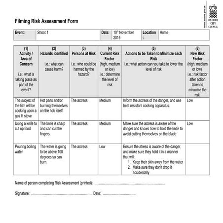 Filming risk assessment form