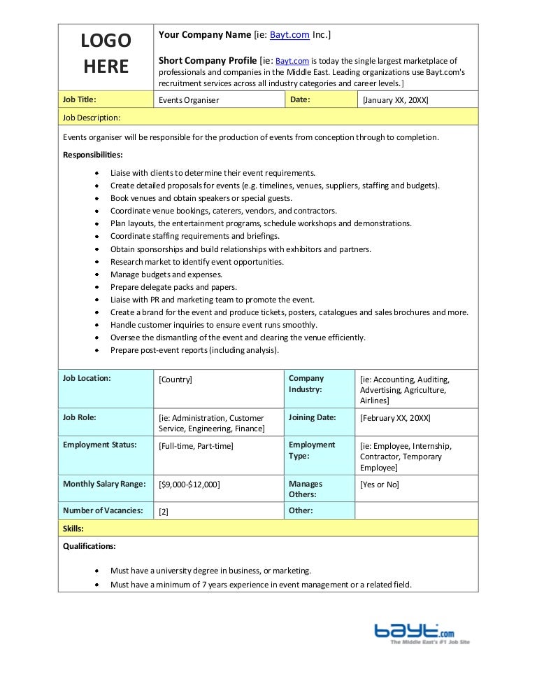 Events Organizer Job Description Template by