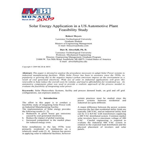 Solar Energy Application in a US Automotive Plant Feasibility Study | PDF