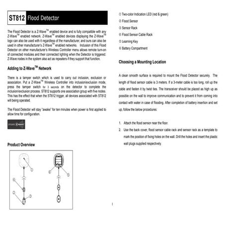 Evespring ST812 Z-Wave flood sendor manual in English